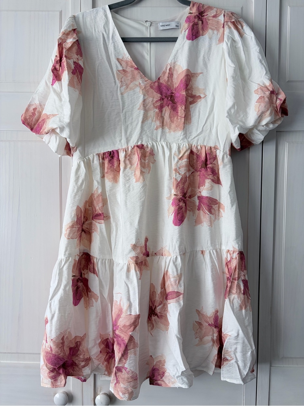Nine West Off-White Midi Dress with Pink and Peach Floral Print